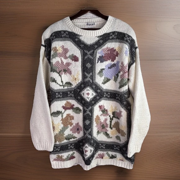 SMITH Sweaters - Vintage 80s Sweater L‎ Floral Geometric Granny Kitsch Tunic Cream Gray Pink